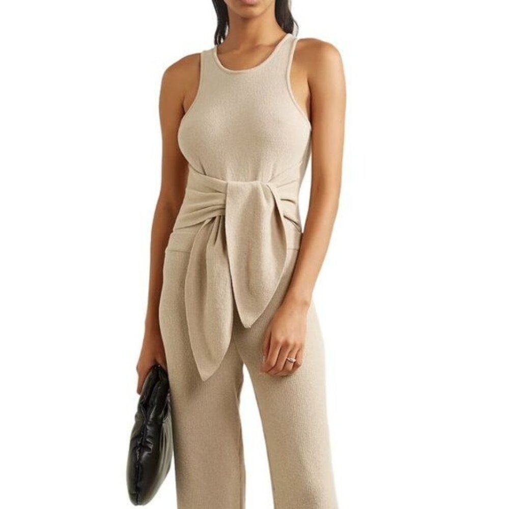 NANUSHKA Elena Tie Detailed Stretch Cotton Blend Terry Bodysuit In Neutrals